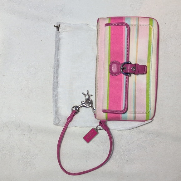 Coach Soho Pastel Striped Wristlet W/ Pink leather Piping, Wristlet, Front Snap - Picture 16 of 16